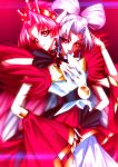  2girls akagi_towa albino bangs black_nails black_neckwear choker cowboy_shot cure_scarlet detached_sleeves dress dual_persona earrings fingernails go!_princess_precure highres jewelry kooun_no_ryuusei_zero long_fingernails long_hair looking_at_viewer looking_to_the_side magical_girl multiple_girls parted_bangs pink_background pink_hair precure red_eyes red_sleeves shiny shiny_hair smile twilight_(go!_princess_precure) white_hair wrist_cuffs 