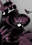  black_hair breasts demon_girl demon_tail glasses grabbing_own_breast highres huge_breasts juugoya_(zyugoya) merii_(musuko_ga_kawaikute_shikatanai_mazoku_no_hahaoya) monochrome musuko_ga_kawaikute_shikatanai_mazoku_no_hahaoya simple_background sitting tail wings 