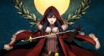  1girl black_hair blue_background cape cloak commentary_request full_moon fur_trim gloves highres holding holding_sword holding_weapon hood hooded_cloak leslie_the_moon_queen long_hair looking_at_viewer moon olive_branches open_mouth pixiv_fantasia pixiv_fantasia_last_saga red_cape red_cloak red_eyes red_hood sankyou simple_background standing sword weapon 