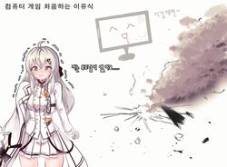  1girl ahoge girls_frontline gomrang hair_ornament hairclip highres iws-2000_(girls_frontline) jacket korean_commentary korean_text long_hair miniskirt shirt skirt solo teardrop tearing_up white_hair white_jacket white_shirt white_skirt 