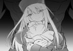  1boy 1girl bad_end blood blood_stain blush coat fate/stay_night fate_(series) greyscale hat heracles_(fate) holding illyasviel_von_einzbern looking_at_viewer monochrome otama_(atama_ohanabatake) scarf severed_head smile 