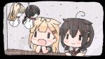  2girls ahoge black_hair black_ribbon black_serafuku blonde_hair blush_stickers braid character_doll commentary_request hair_flaps hair_over_shoulder hair_ribbon kantai_collection long_hair multiple_girls neckerchief rain red_neckwear remodel_(kantai_collection) ribbon sattsu school_uniform serafuku shigure_(kantai_collection) single_braid teruterubouzu twitter_username upper_body yuudachi_(kantai_collection) ||_|| 