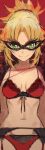  1girl bangs blonde_hair bra breasts collarbone commentary domino_mask eyebrows_visible_through_hair fate/grand_order fate_(series) green_eyes highres jacket looking_at_viewer mask mordred_(fate) mordred_(fate)_(all) navel panties parted_bangs ponytail red_background red_bra red_panties red_scrunchie scrunchie small_breasts smile solo tonee underwear 