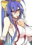  1girl antenna_hair armpits backless_outfit bare_shoulders bendy_straw between_breasts blazblue blazblue:_central_fiction blazblue_variable_heart blue_hair blush bow breasts bubble_tea bubble_tea_challenge cup disposable_cup drink drinking drinking_straw fingerless_gloves genderswap genderswap_(mtf) gloves hair_between_eyes hair_bow halter_top halterneck highres impossible_clothes large_breasts long_hair lowleg lowleg_pants mai_natsume medium_breasts meme object_on_breast pants red_eyes revealing_clothes roas01b sideboob simple_background sipping skin_tight solo upper_body very_long_hair white_background yellow_bow 