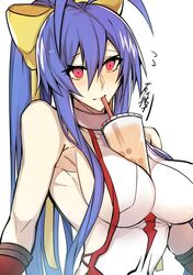  1girl antenna_hair armpits backless_outfit bare_shoulders bendy_straw between_breasts blazblue blazblue:_central_fiction blazblue_variable_heart blue_hair blush bow breasts bubble_tea bubble_tea_challenge cup disposable_cup drink drinking drinking_straw fingerless_gloves genderswap genderswap_(mtf) gloves hair_between_eyes hair_bow halter_top halterneck highres impossible_clothes large_breasts long_hair lowleg lowleg_pants mai_natsume medium_breasts meme object_on_breast pants red_eyes revealing_clothes roas01b sideboob simple_background sipping skin_tight solo upper_body very_long_hair white_background yellow_bow 