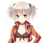  1girl ayamisiro black_bra black_neckwear blue_eyes bra choker collarbone expressionless heterochromia highres jacket looking_at_viewer orange_jacket original short_hair signature simple_background solo twintails underwear upper_body violet_eyes white_background white_hair 