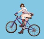  1girl absurdres armored_boots bicycle blue_background blue_gloves boots breasts brown_eyes brown_hair buttons collared_shirt denim denim_shorts fauzy_zulvikar fingerless_gloves gloves ground_vehicle highres kazama_asuka large_breasts lips looking_at_viewer loose_clothes loose_shirt mountain_bicycle namco partially_unbuttoned riding shirt short_hair short_shorts shorts simple_background smile solo suspender_shorts suspenders tekken tekken_7 tomboy undershirt white_shirt 