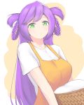  1girl apron bangs basket green_eyes hair_rings holding holding_basket long_hair looking_at_viewer orange_apron orange_background parted_bangs purple_hair rion_(sennen_sensou_aigis) sennen_sensou_aigis shirt short_sleeves simple_background solo standing two-tone_background two_side_up very_long_hair white_background white_shirt 