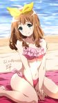  1girl alternate_costume aqua_eyes beach between_legs bikini blanket blurry breasts collarbone dated depth_of_field fingernails frilled_bikini_top hair_ribbon hand_between_legs hands_together head_tilt hibike!_euphonium highres light_brown_hair looking_at_viewer medium_breasts medium_hair nii_manabu ocean red_bikini ribbon side-tie_bikini signature sitting smile solo swimsuit thick_eyebrows wariza yellow_ribbon yoshikawa_yuuko 