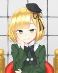  1girl bangs beret black_headwear black_ribbon blonde_hair commentary_request dress eyebrows_behind_hair fate_(series) green_dress grin hair_ribbon hand_on_own_face hand_up hat long_sleeves looking_at_viewer lord_el-melloi_ii_case_files mini_hat nenosame reines_el-melloi_archisorte ribbon short_hair smile solo tilted_headwear upper_body 