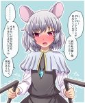 ... 1girl animal_ears blue_background blush commentary_request dowsing_rod dress eyebrows_visible_through_hair flat_chest fusu_(a95101221) grey_dress grey_hair highres jewelry long_sleeves looking_at_viewer mouse_ears nazrin pendant red_eyes shiny shiny_hair short_hair solo touhou translation_request 