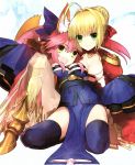  2girls animal_ears blonde_hair breasts dress fate/extra fate_(series) fox_ears fox_girl fox_tail green_eyes hair_ribbon highres japanese_clothes medium_breasts multiple_girls nero_claudius_(fate) nero_claudius_(fate)_(all) official_art pink_hair ribbon scan tail tamamo_(fate)_(all) tamamo_no_mae_(fate) thigh-highs wada_aruko wallpaper yellow_eyes zettai_ryouiki 