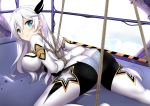  1girl ass bdsm blue_eyes blush bodysuit bondage bound breasts cecilia_schariac commentary cosplay english_commentary hair_between_eyes hair_ornament honkai_(series) honkai_impact_3rd kiana_kaslana_(white_comet) kiana_kaslana_(white_comet)_(cosplay) large_breasts long_hair looking_at_viewer sheita sideboob silver_hair solo sweatdrop tied_up 