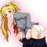  1girl ass bent_over black_skirt blonde_hair blouse blue_hairband blush collared_blouse commentary cowboy_shot crotch_seam emily_stewart flying_sweatdrops from_behind frown gradient gradient_background grey_blouse hairband idolmaster idolmaster_million_live! lielos long_hair long_sleeves looking_at_viewer looking_back miniskirt neck_ribbon open_mouth panties pink_background pleated_skirt pulled_by_self red_neckwear ribbon school_uniform skirt skirt_pull smile standing sweatdrop twintails underwear undressing violet_eyes white_panties 