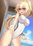  1girl bare_arms bare_shoulders blonde_hair blue_eyes blurry blurry_background blush breasts covered_navel day eyebrows_visible_through_hair fate/apocrypha fate_(series) glasses hair_between_eyes highres indoors jeanne_d&#039;arc_(fate)_(all) jeanne_d&#039;arc_(swimsuit_archer) large_breasts long_hair looking_at_viewer navel nishimura_pn ponytail solo swimsuit upper_teeth very_long_hair 