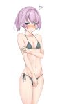  1girl bikini blue_eyes blush collarbone cowboy_shot embarrassed flat_chest grey_bikini highres kantai_collection looking_at_viewer navel nn_tasu pink_hair ponytail shiranui_(kantai_collection) short_hair side-tie_bikini simple_background solo squiggle standing swimsuit white_background 