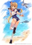  1girl :d ahoge ass bangs beach bird blonde_hair blue_sky blue_swimsuit blush breasts brown_eyes day eyebrows_visible_through_hair finger_on_trigger floating_hair haru_estia holding_water_gun leg_up long_hair looking_at_viewer low_ponytail medium_breasts neckerchief ocean old_school_swimsuit open_mouth outdoors rainmaker red_neckwear running sailor_collar sand school_swimsuit school_uniform scrunchie seagull see-through serafuku shoes short_sleeves sky smile solo soul_worker starfish sunlight swimsuit swimsuit_under_clothes thigh-highs water_drop wet wet_clothes white_footwear white_legwear white_scrunchie wrist_scrunchie wristband 