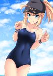  1girl ahoge artoria_pendragon_(all) baseball_cap blonde_hair blue_eyes blue_headwear blue_sky blue_swimsuit clouds commentary_request competition_school_swimsuit cowboy_shot cross_(crossryou) day fate/grand_order fate_(series) hair_through_headwear hat horizon looking_at_viewer mysterious_heroine_xx_(foreigner) ocean outdoors ponytail school_swimsuit sky smile solo standing swimsuit wristband 