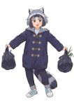  1girl :d absurdres alternate_costume animal_ears animal_print bag blue_footwear blush brown_eyes coat common_raccoon_(kemono_friends) cross-laced_footwear duffel_coat fang full_body grey_hair highres holding kemono_friends long_sleeves looking_at_viewer multicolored_hair nakta open_mouth outstretched_arms pants pants_rolled_up plastic_bag pocket raccoon_ears raccoon_tail sanpaku shoes short_hair simple_background skin_fang smile sneakers solo standing striped_tail tail twitter_username white_background 