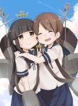  2girls adapted_turret aoshima_sakana bangs black_hair blue_sailor_collar blue_skirt blunt_bangs brown_eyes brown_hair closed_eyes collared_shirt cowboy_shot doyagao hatsuyuki_(kantai_collection) hug kantai_collection long_hair looking_at_viewer low_twintails multiple_girls neckerchief parted_bangs pleated_skirt sailor_collar school_uniform serafuku shirayuki_(kantai_collection) shirt short_twintails skirt smokestack smug torn_clothes turret twintails twitter_username v 