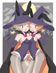  aaru_(kerogero1582) absurdres animal_ears bangs bare_shoulders blonde_hair blue_eyes blush braid breast_press building cape clouds cloudy_sky collarbone darjeeling elbow_gloves french_braid frills girls_und_panzer gloves halloween halloween_costume hat highres moon one_eye_closed open_mouth orange_hair orange_pekoe pantyhose rabbit_ears ribbon sky smile tearing_up tongue wand witch witch_hat 