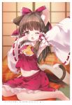  1girl absurdres animal_ear_fluff animal_ears arm_up armpits ascot bare_shoulders barefoot blanket blush border bow brown_hair cat_ears cat_tail crop_top detached_sleeves fang frilled_ascot frilled_bow frills hair_bow hair_tubes hakurei_reimu hand_up highres huge_filesize indoors long_hair long_sleeves looking_at_viewer midriff mimi_(mimi_puru) miniskirt navel one_eye_closed open_mouth petticoat pillow pink_eyes red_bow red_skirt ribbon-trimmed_sleeves ribbon_trim sarashi scan sidelocks sitting skirt skirt_set solo stretch tail tatami touhou translated white_border wide_sleeves yellow_neckwear yokozuwari 