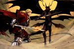  2boys armor blonde_hair blood blood_on_face cape demon_horns demon_wings fighting_stance gargouille gauntlets gloves holding holding_sword holding_weapon horns laurel_knight_sylvester multiple_boys outdoors pixiv_fantasia pixiv_fantasia_last_saga red_cape red_eyes sankyou standing sword tail third_eye weapon wings yellow_sky 