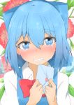  1girl blue_dress blue_eyes blue_hair blush bow bright_pupils cirno clenched_teeth commentary_request crying crying_with_eyes_open dress eyebrows_visible_through_hair floral_background flower full-face_blush grimace hair_between_eyes hair_bow hands_on_own_chest head_tilt hibiscus highres holding_envelope leaf love_letter mizune_(winter) pinafore_dress shirt short_hair solo tears teeth thick_eyebrows touhou upper_body white_background white_pupils white_shirt wing_collar wings 