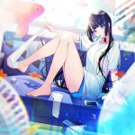  1girl argyle bare_legs barefoot black_hair blue_eyes blue_shorts blurry breast_pocket cellphone couch depth_of_field feet fish food goldfish head_tilt highres kayahara knees_up legwear_removed long_hair looking_at_viewer mole mole_under_eye mouth_hold on_couch original phone pillow pocket popsicle removing_legwear shirt short_shorts short_sleeves shorts sitting solo thighs tiara very_long_hair white_legwear white_shirt 