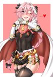  1boy astolfo_(fate) bangs bespectacled black_bow black_legwear blush bow braid cloak cloire_clover commentary eyebrows_visible_through_hair fang fate/apocrypha fate/grand_order fate_(series) fur-trimmed_cloak fur_collar fur_trim gauntlets glasses hair_between_eyes hair_bow hair_intakes hair_ribbon heart highres long_braid long_hair looking_at_viewer male_focus multicolored_hair navel open_mouth otoko_no_ko pink_background pink_hair red_heart ribbon simple_background single_braid smile solo streaked_hair thigh-highs violet_eyes white_background white_cloak white_hair 