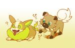 ? aster_666 blue_eyes gradient_background green_eyes no_humans pokemon pokemon_(creature) pokemon_(game) rockruff tail_wagging tongue tongue_out yamper 