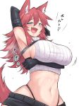  1girl :d animal_ear_fluff animal_ears arm_over_head arm_up armpits black_gloves black_legwear black_panties black_shorts blue_eyes blush breast_lift breasts commentary_request crop_top elbow_gloves fang firo_(shun_soku) gloves hair_between_eyes hand_on_hip heart highleg highleg_panties highres large_breasts long_hair micro_shorts midriff navel one_eye_closed open_mouth original panties redhead ribbed_shirt shirt shorts shun_soku sideboob sleeveless sleeveless_shirt smile solo tail taut_clothes translated underwear wide_hips wolf_ears wolf_tail 