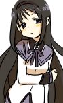  1girl akemi_homura arm_at_side bangs black_hair black_hairband blush clenched_hand closed_mouth dot_nose eyebrows_visible_through_hair hair_ornament hairband hand_up head_tilt highres long_hair long_sleeves looking_at_viewer mahou_shoujo_madoka_magica mebachi neck_ribbon purple_neckwear raised_eyebrow ribbon sidelocks simple_background sleeve_cuffs solo tareme upper_body very_long_hair violet_eyes white_background wing_collar 