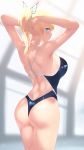  1girl arms_behind_head ass back bangs bare_shoulders blonde_hair blue_eyes blue_swimsuit blurry blurry_background blush boku_wa_tomodachi_ga_sukunai breasts bug butterfly butterfly_hair_ornament cait competition_swimsuit cowboy_shot hair_ornament highres indoors insect kashiwazaki_sena large_breasts long_hair looking_at_viewer looking_back one-piece_swimsuit ponytail poolside shoulder_blades sidelocks solo swimsuit wet 