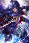 1girl aodavid23 arm_up artist_name belt belt_buckle blue_eyes blue_footwear blue_hair blue_legwear blush bodysuit boots buckle cape english_commentary falchion_(fire_emblem) fingerless_gloves fire_emblem fire_emblem_awakening gloves gold_trim hair_between_eyes highres holding holding_sword holding_weapon lens_flare lucina shiny shiny_hair shoulder_armor signature solo sword thigh-highs thigh_boots tiara torn_cape torn_clothes watermark weapon web_address wrist_cuffs 
