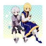  16_ban 2boys blonde_hair closed_mouth earrings hunter_x_hunter jewelry killua_zoldyck kurapika male_focus multiple_boys shirt smile 