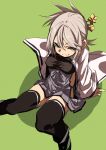  1girl black_legwear blush_stickers boots breasts covered_nipples fang fang_out fu-ta green_eyes grey_hair hair_between_eyes hakama japanese_clothes long_hair looking_at_viewer oshiro_project_re ponytail sitting smile solo thigh-highs 