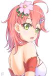  1girl absurdres ahoge armband armpits bangs bare_back bare_shoulders breasts cherry_blossoms chestnut_mouth eyebrows_visible_through_hair flower from_behind green_eyes hair_ornament hairclip highres hololive looking_at_viewer medium_hair nontraditional_miko open_mouth pink_hair sakura_miko shiny shiny_hair shoulder_blades signature solo triangle_mouth trp_556 upper_body virtual_youtuber white_background 