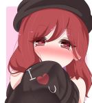  1girl bangs bare_shoulders beret black_headwear black_shirt blush border clothes_writing commentary english_commentary eyebrows_visible_through_hair eyelashes hair_between_eyes hat heart heart-shaped_pupils hecatia_lapislazuli holding_clothes long_hair looking_at_viewer nose_blush off_shoulder outside_border pink_background portrait red_eyes redhead shirt simple_background solo symbol-shaped_pupils t-shirt touhou white_border yukome 