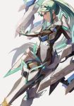  1girl armor bangs breasts earrings eyebrows_visible_through_hair gloves green_eyes green_hair highres jewelry large_breasts long_hair pneuma_(xenoblade) ponytail simple_background solo spoilers swept_bangs tiara very_long_hair vic xenoblade_(series) xenoblade_2 