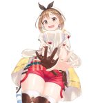  (tat) 1girl atelier_(series) atelier_ryza belt brown_eyes brown_gloves brown_hair brown_legwear commentary_request gloves hair_ornament hairclip hat highres looking_at_viewer open_mouth red_shorts reisalin_stout short_hair short_shorts shorts simple_background single_glove solo thigh-highs thighs wavy_mouth white_background white_headwear white_legwear 