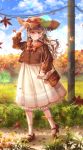  1girl absurdres autumn bag black_footwear blue_sky blurry_foreground brown_handbag day falling_leaves glasses grass handbag hat highres huge_filesize leaf light_brown_hair long_hair looking_at_viewer mocohi123 original outdoors pebble power_lines skirt sky socks solo standing straw_hat sun_hat telephone_pole tree very_long_hair white_skirt 