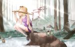  1girl arms_up artist_name blonde_hair blurry brown_footwear commentary_request dated day depth_of_field dress forest frog from_side hand_on_headwear hat high_collar highres light_rays light_smile long_sleeves looking_to_the_side moriya_suwako nature outdoors pinafore_dress profile purple_dress scenery shirt short_hair sidelocks sitting sitting_on_rock solo sunbeam sunlight taisan thigh-highs torii touhou wet_hat white_legwear white_shirt wide_sleeves 