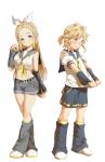  1boy 1girl alternate_costume blonde_hair blue_eyes blush boots crypton_future_media elf hairband hylian kagamine_len kagamine_len_(cosplay) kagamine_rin kagamine_rin_(cosplay) link long_hair looking_at_viewer navel necktie nintendo nintendo_ead pointy_ears princess_zelda sega short_hair simple_background super_smash_bros. the_legend_of_zelda the_legend_of_zelda:_breath_of_the_wild tutu_(23333hhh) vocaloid yamaha_(company) zelda_no_densetsu 