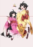  2girls ahoge araragi_karen araragi_tsukihi black_eyes black_hair closed_eyes closed_mouth egg_hair_ornament food_themed_hair_ornament fried_egg hair_ornament hammer_(sunset_beach) japanese_clothes kimono long_hair monogatari_(series) multiple_girls open_mouth pink_kimono sandals short_hair siblings sisters smile socks tabi very_long_hair yellow_kimono 