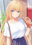  1girl bag blonde_hair blue_eyes blue_skirt blush breasts casual closed_mouth collarbone commentary_request dress drinking_straw eyebrows_visible_through_hair fate/apocrypha fate_(series) hair_between_eyes handbag holding holding_drink ice ice_cube jeanne_d&#039;arc_(fate) jeanne_d&#039;arc_(fate)_(all) long_hair looking_at_viewer medium_breasts nananichi shirt skirt smile solo very_long_hair white_shirt 