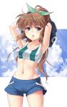  1girl armpits arms_behind_head arms_up artist_name bangs blue_shorts blush brown_hair eyebrows_visible_through_hair fuuka_reventon green_eyes green_ribbon hair_ribbon half-closed_eyes jacket_lift long_hair looking_at_viewer lyrical_nanoha navel open_mouth ponytail puchopucho ribbon short_shorts shorts signature solo sports_bra standing steam vivid_strike! 