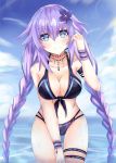  1girl bikini bimmy blue_eyes blush braid breasts flower hair_flower hair_ornament highres jewelry looking_at_viewer medium_breasts necklace neptune_(series) purple_hair purple_heart sky smile solo swimsuit thigh_strap twin_braids water wet 