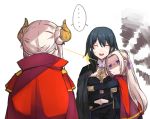 3girls bangs blonde_hair blue_hair braid byleth byleth_(female) cape closed_eyes closed_mouth commentary edelgard_von_hresvelgr_(fire_emblem) eye_contact eyebrows_visible_through_hair fire_emblem fire_emblem:_three_houses hair_ornament hair_ribbon hug long_hair looking_at_another multiple_girls red_cape ribbon simple_background smile sweatdrop u_nagidon uniform upper_body violet_eyes waist_hug white_background yuri 