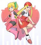  2girls absurdres bangs blonde_hair blue_eyes blunt_bangs bow capcom cosplay costume_switch full_body gloves green_eyes hair_bow helmet highres homomomomon hooded_dress long_hair multiple_girls netnavi open_mouth pink_footwear pink_gloves ponytail rockman rockman_(classic) rockman_exe roll roll_(cosplay) roll_exe roll_exe_(cosplay) sidelocks smile 